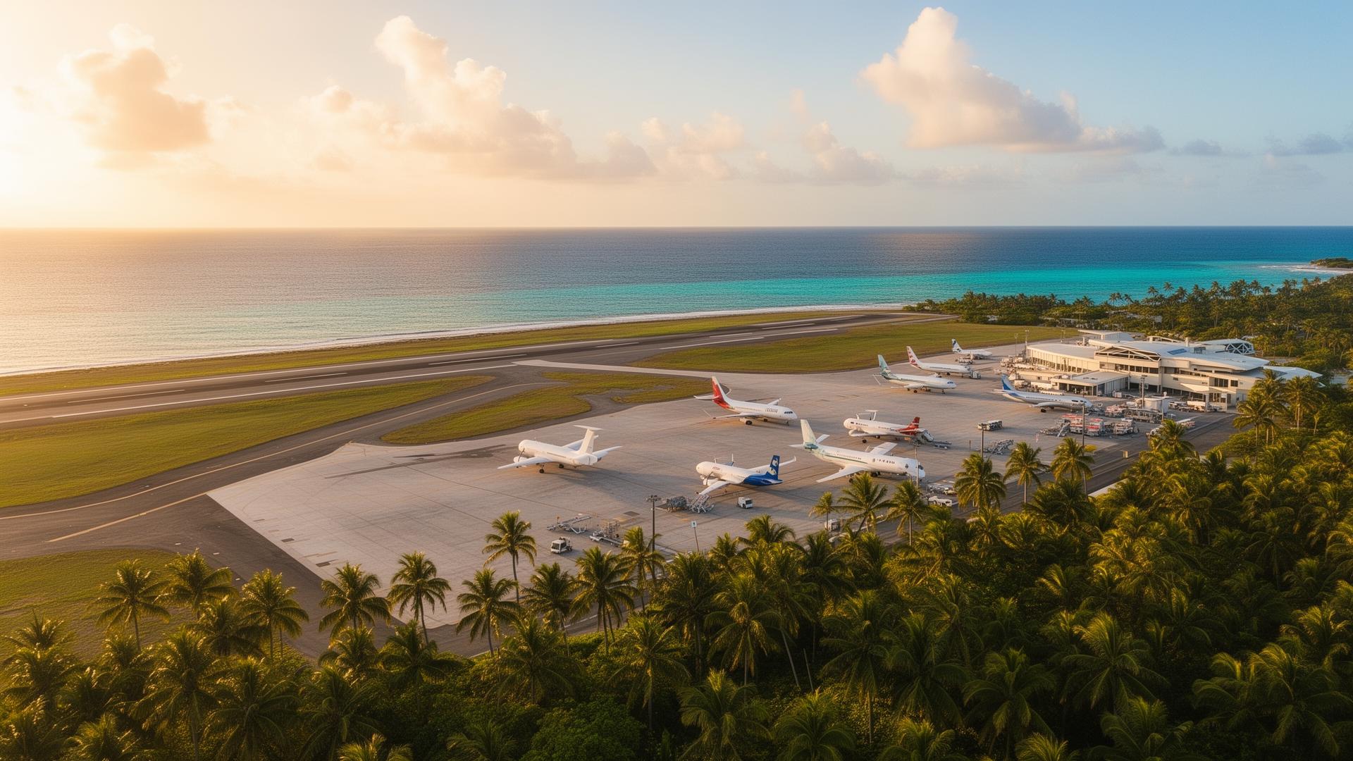 Aerial view of Aruba airport runway, apron and terminal beside the Caribbean Sea