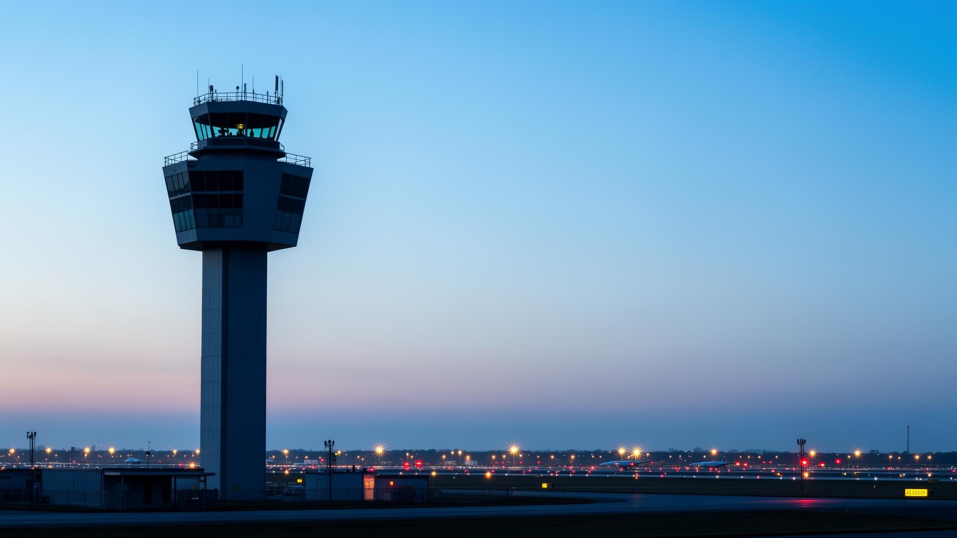 Airport control tower silhouetted against a dusk sky with runway lights