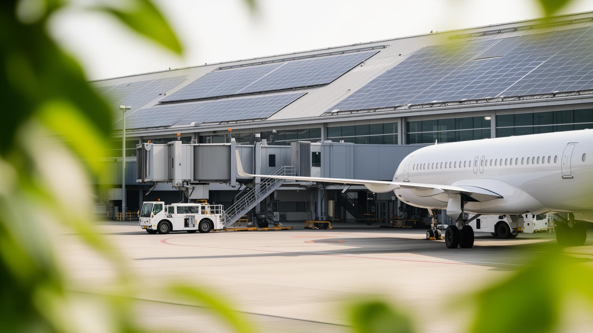 Aircraft at gate with solar panels on terminal roof and electric ground support equipment