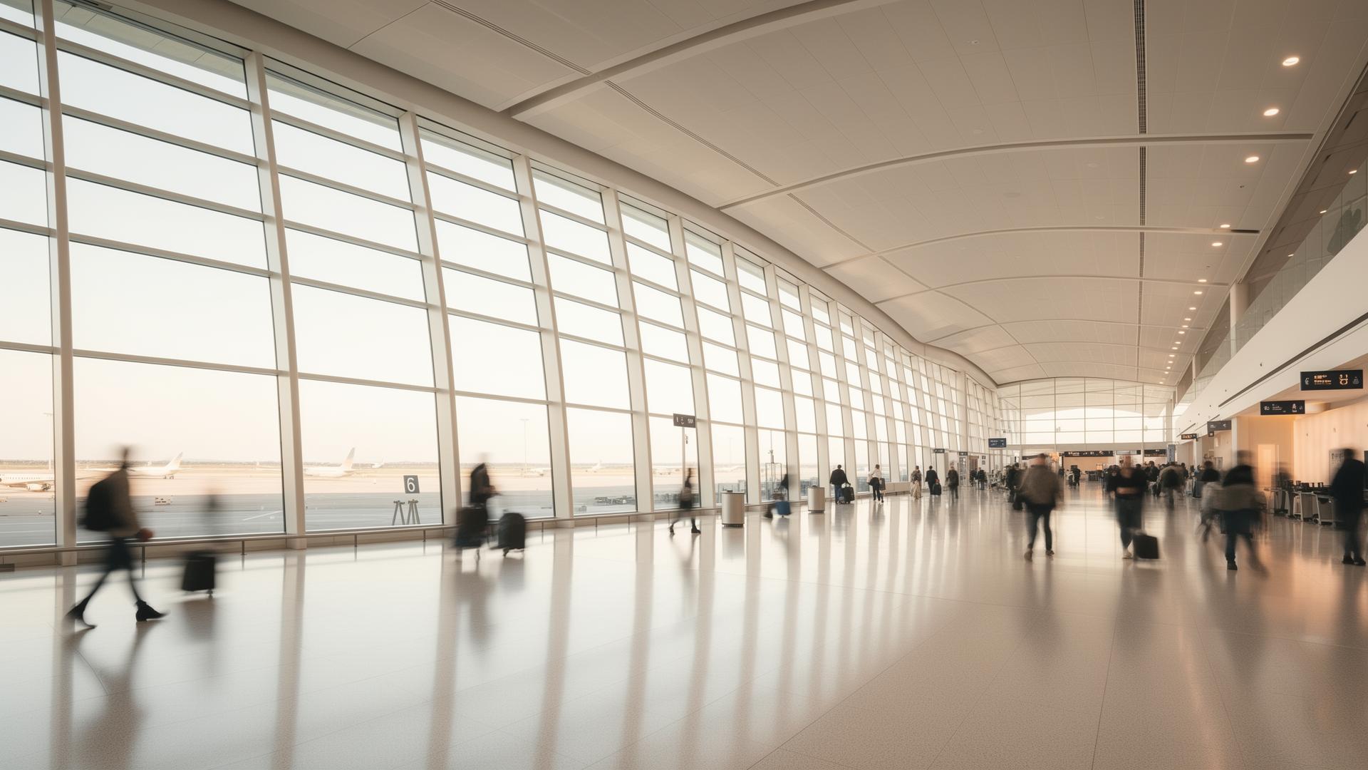 Modern airport terminal interior with travelers in soft motion blur